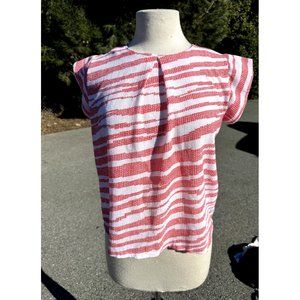 Bayo Blouse Small Red Checkered Striped Key Hole Back Short Sleeve Tunic Womens